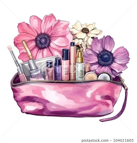 Pink Cosmetic Bag Watercolor. Illustration AI Generative 104021605