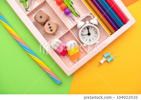 Stylish colored stationery. Workplace. Organization of a drawer at the workplace. Storage and order of office supplies. Concept back to school 104022010
