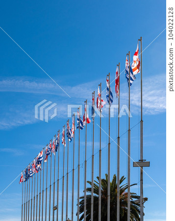 Georgian flags on flagpoles flutter in the wind against a blue sky.  104022128