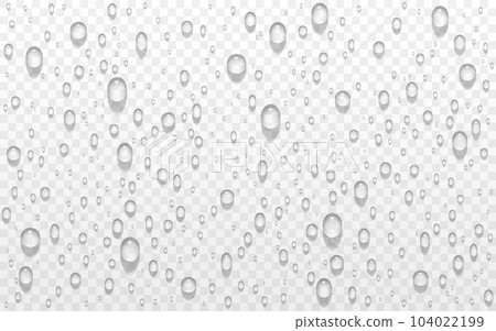 Water drops on transparent backdrop. Droplets with shadow. Wet window with rain effect. Realistic dew drops. Shower water bubbles. Raindrop closeup. Vector illustration 104022199