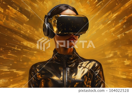Modern woman in a black futuristic costume with golden elements in virtual reality glasses on a golden background AI 104022528