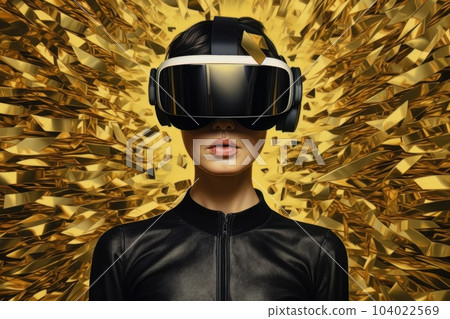 Modern woman in a black futuristic costume with golden elements in virtual reality glasses on a golden background AI 104022569