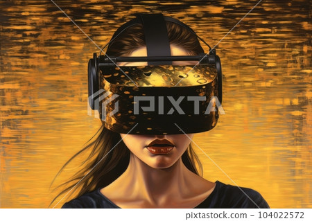Modern woman in a black futuristic costume with golden elements in virtual reality glasses on a golden background AI Modern woman in a black futuristic costume with golden elements in virtual reality glasses on a golden background AI 104022572
