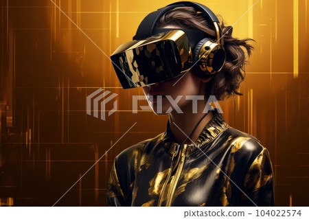 Modern woman in a black futuristic costume with golden elements in virtual reality glasses on a golden background AI 104022574