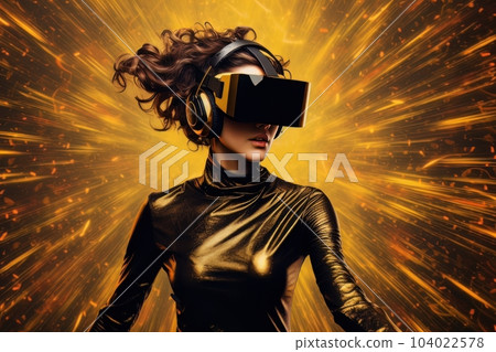 Modern woman in a black futuristic costume with golden elements in virtual reality glasses on a golden background AI 104022578