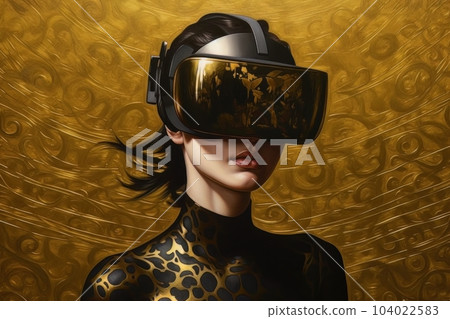 Modern woman in a black futuristic costume with golden elements in virtual reality glasses on a golden background AI Modern woman in a black futuristic costume with golden elements in virtual reality glasses on a golden background AI 104022583