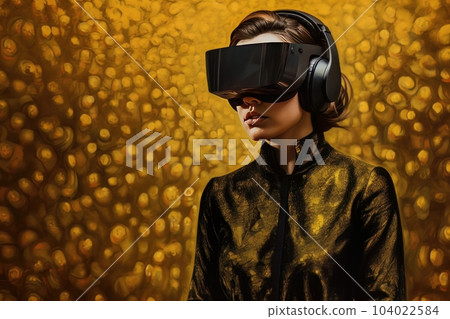Modern woman in a black futuristic costume with golden elements in virtual reality glasses on a golden background AI 104022584