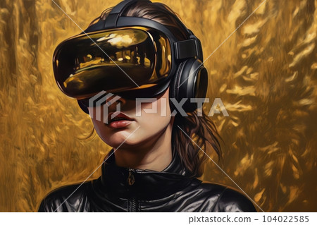 Modern woman in a black futuristic costume with golden elements in virtual reality glasses on a golden background AI 104022585
