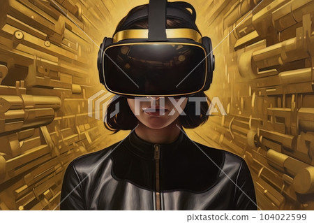 Modern woman in a black futuristic costume with golden elements in virtual reality glasses on a golden background AI Modern woman in a black futuristic costume with golden elements in virtual reality glasses on a golden background AI 104022599