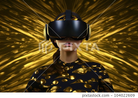 Modern woman in a black futuristic costume with golden elements in virtual reality glasses on a golden background AI Modern woman in a black futuristic costume with golden elements in virtual reality glasses on a golden background AI 104022609