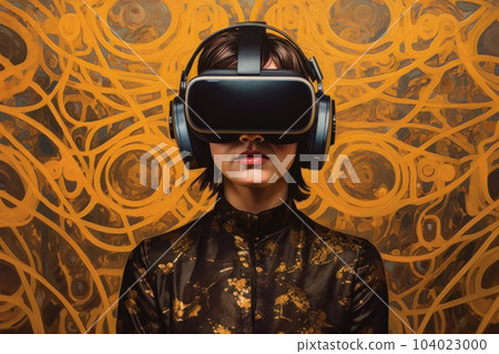 Modern woman in a black futuristic costume with golden elements in virtual reality glasses on a golden background AI 104023000
