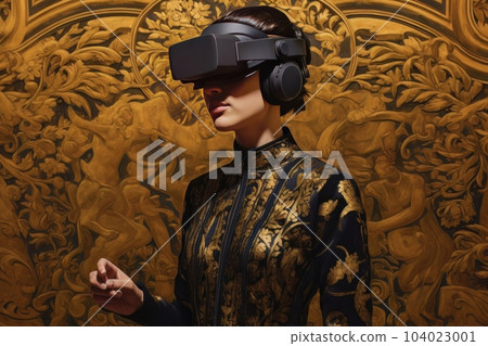 Modern woman in a black futuristic costume with golden elements in virtual reality glasses on a golden background AI 104023001