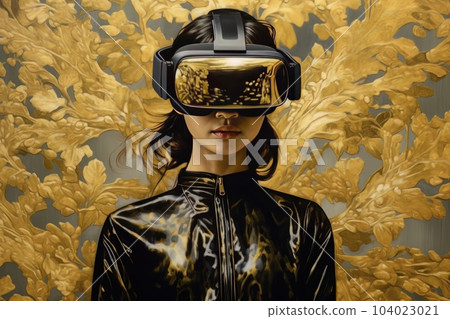 Modern woman in a black futuristic costume with golden elements in virtual reality glasses on a golden background AI Modern woman in a black futuristic costume with golden elements in virtual reality glasses on a golden background AI 104023021
