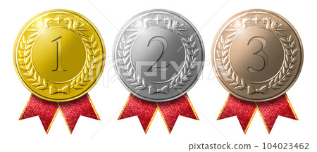 gold, silver and bronze medals with ribbons gold, silver and bronze medals with ribbons 104023462