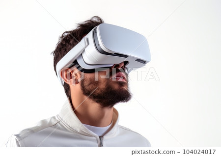 Bearded man face in virtual reality glasses isolated on white background AI 104024017