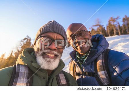 Active retired interracial gay couple hiking, winter season outdoors. Generative AI Active retired interracial gay couple hiking, winter season outdoors. Generative AI 104024471