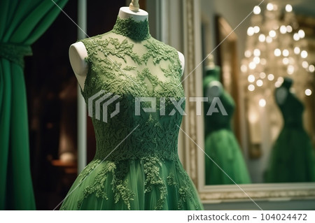 Luxury green evening dress on mannequin, delicate lace, ball gown, displayed in luxurious boutique. Generative AI Luxury green evening dress on mannequin, delicate lace, ball gown, displayed in luxurious boutique. Generative AI 104024472