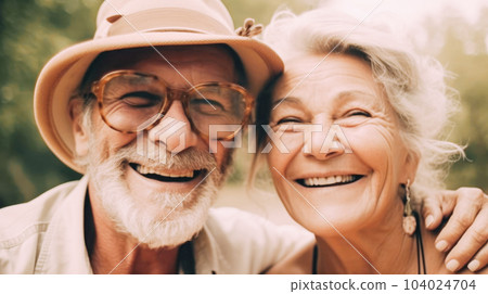 Elderly active man with a gray beard and an elegant woman hug each other and laugh. Portrait of a happy mature family 104024704