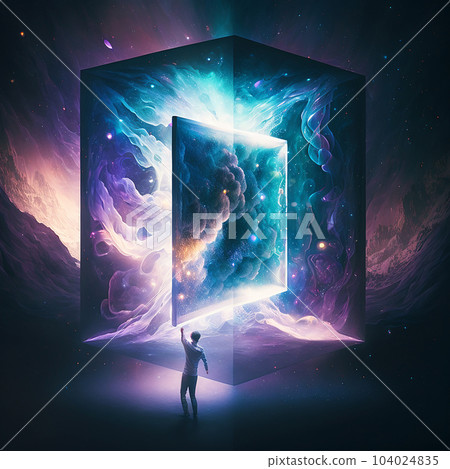 Illustration art of a person who appears in a five-dimensional space and makes a guts pose (AI-generated image) 104024835