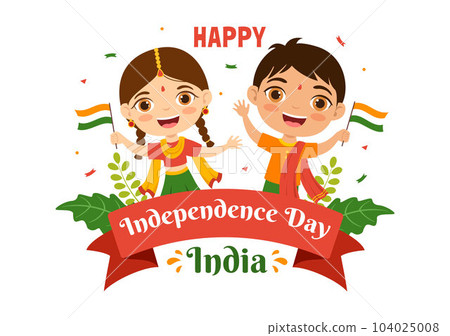 Happy Independence Day India Vector Illustration on 15 August with Indian Flag in Kids Cartoon Hand Drawn Celebration Background Templates 104025008