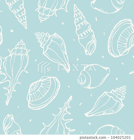 Hand drawn Sea shells seamless pattern summer marine design with white line on light blue background 104025201