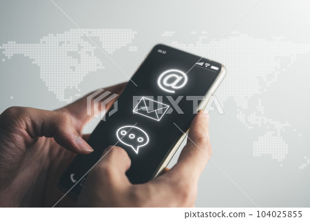Business man touch the screen on smart phone with internet, email and chat icons. social network and social media marketing concept. Business man touch the screen on smart phone with internet, email and chat icons. social network and social media marketing concept. 104025855