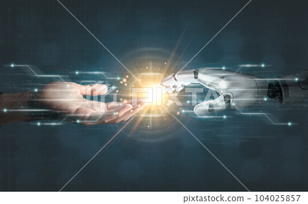 Robot hand touch businessman hand, artificial intelligence concept. big data, science, innovation technology, cloud computing, futuristic, internet network communication Robot hand touch businessman hand, artificial intelligence concept. big data, science, innovation technology, cloud computing, futuristic, internet network communication 104025857