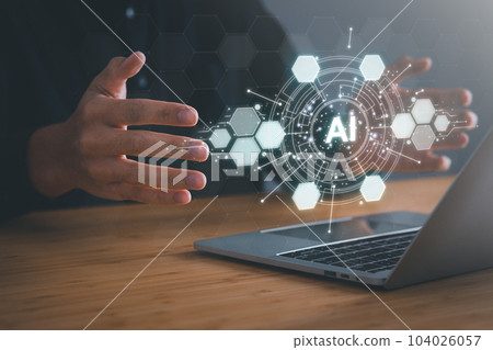 Digital information technology concept. Businessman touching artificial intelligence icon. Chatbot and AI concept. 104026057