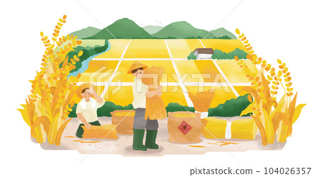 Farmers tying stalks into sheaves Farmers tying stalks into sheaves 104026357