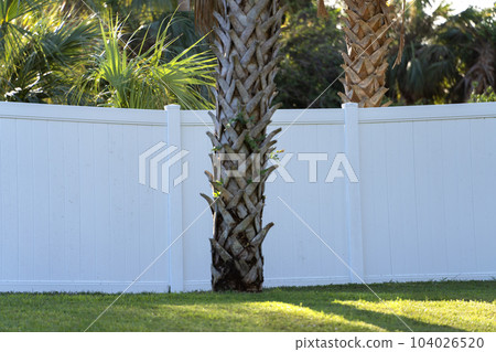 White vinyl picket fence on green lawn surrounding property grounds for backyard protection and privacy 104026520