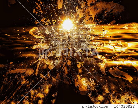 與爆炸和飛行碎片的抽象背景 與爆炸和飛行碎片的抽象背景 104026828