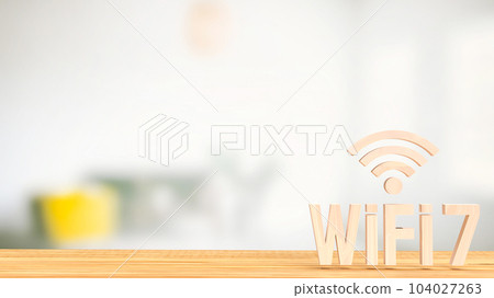 The wood wifi 7 on table for technology concept 3d rendering The wood wifi 7 on table for technology concept 3d rendering 104027263