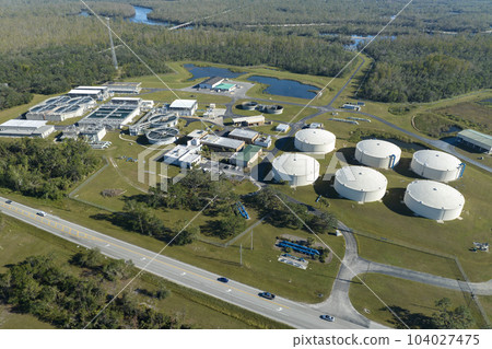 Modern water cleaning facility at urban wastewater treatment plant. Purification process of removing undesirable chemicals, suspended solids and gases from contaminated liquid 104027475