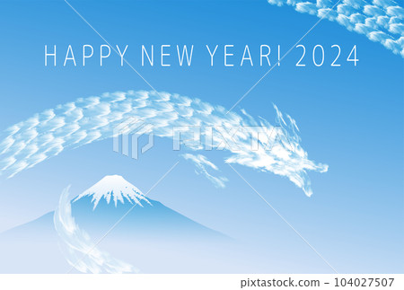 2024令和6年新年賀卡，龍雲在藍天和雄偉的富士山上蔓延 104027507
