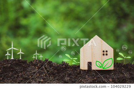 CO2 emission reduction concept, clean and friendly environment without carbon dioxide emissions. Planting trees to reduce CO2 emissions, environmental protection concept. 104029229