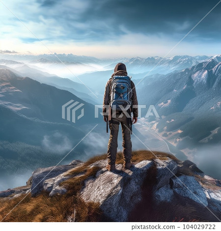 Hiker with backpack standing on the edge of a cliff, Hiker at the summit of a mountain overlooking. Hiker with backpack standing on the edge of a cliff, Hiker at the summit of a mountain overlooking. 104029722