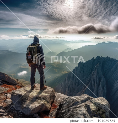 Hiker with backpack standing the summit of a mountain, Experience the exhilaration of a mountain 104029725