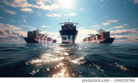 Container ship transporting large cargo to import and export goods internationally around the world. 104029766