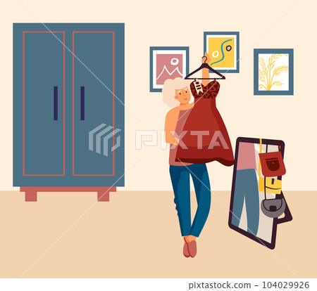 Woman chooses dress. Clothing store. Female trying on apparel and accessory in front of mirror. Customer buys garment in boutique. Trendy clothes purchase. Vector shopping illustration 104029926