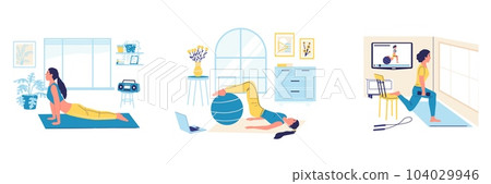 Home sport. Young woman doing exercises on mat. Girl training with ball and dumbbells. Female practicing yoga. Indoor workout. Video instruction. Vector athletic room activities set Home sport. Young woman doing exercises on mat. Girl training with ball and dumbbells. Female practicing yoga. Indoor workout. Video instruction. Vector athletic room activities set 104029946