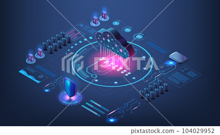 Digital data cloud. Technology center. Files storage. Virtual server. 3d application platform. Isometric network infrastructure. Database connection. Vector computer system concept 104029952