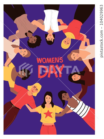 International women s day poster. Modern girls team hugging, feminism banner or card. Social movement for equal rights. Bright contemporary holiday greeting. Cartoon flat isolated illustration 104029963