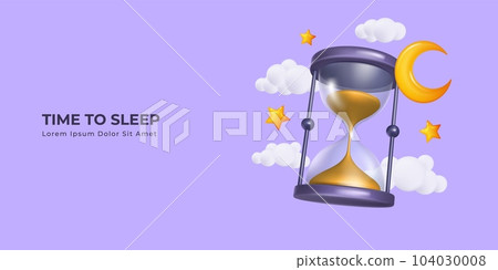 3d sleep concept. Hourglass, moon and cloud render isolated elements on purple background, miss opportunity time, business work, healthy management. Horizontal banner vector illustration 3d sleep concept. Hourglass, moon and cloud render isolated elements on purple background, miss opportunity time, business work, healthy management. Horizontal banner vector illustration 104030008