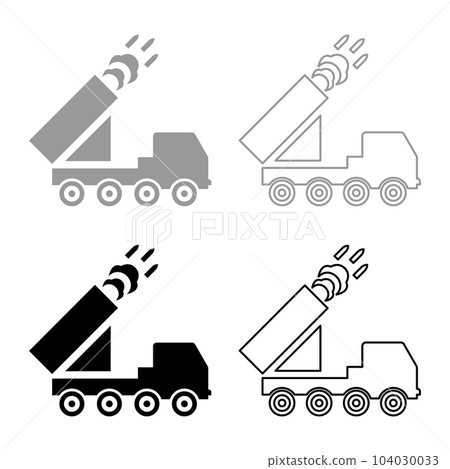 Multiple launch volley reactive rocket system fire shoots missiles set icon grey black color vector illustration image solid fill outline contour line thin flat style Multiple launch volley reactive rocket system fire shoots missiles set icon grey black color vector illustration image solid fill outline contour line thin flat style 104030033
