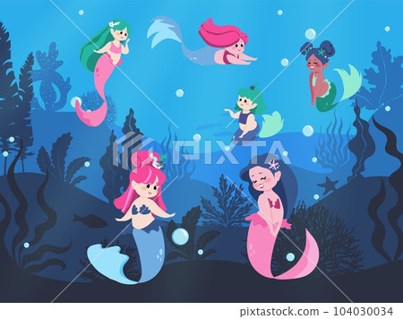 Mermaids. Cartoon flat style isolated illustration. little sea princess with fish tail in deep ocean seascape. Underwater background with undersea seaweeds and swimming vector girls 104030034