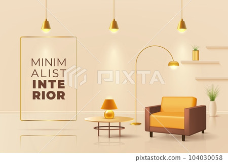 3D home room. Interior render. Living decor with lamp and furniture. Minimalist furnishing. Realistic sofa and table. Light luxury house. Comfortable armchair. Vector design background 104030058