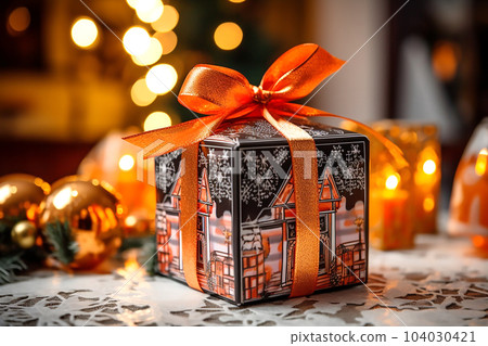 Gift box with red bow on the background of bokeh effect. Generative AI 104030421