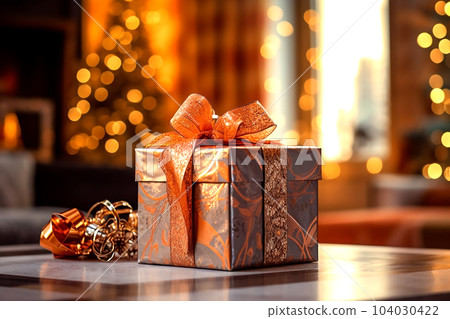 Gift box with red bow on the background of bokeh effect. Generative AI 104030422