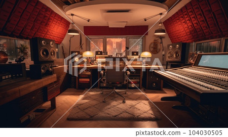 Modern audio recording studio with equipment and recording both, mixing machine, audio monitors. 104030505