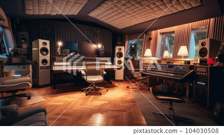 Modern recording studio, Music recording studio interior design, Song production workplace. 104030508